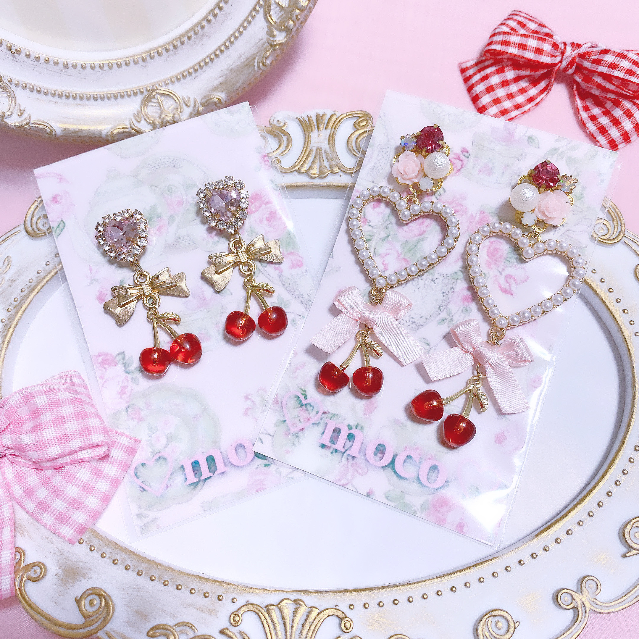 ラブリーハートとさくらんぼのピアス/イヤリング ベリー ハート
