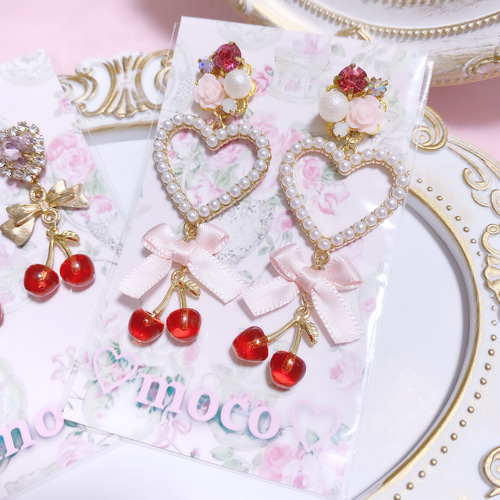 ラブリーハートとさくらんぼのピアス/イヤリング ベリー ハート