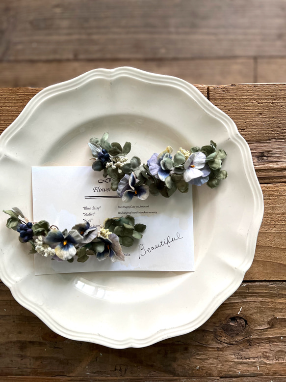 【受注制作】布花　silkパンジーとクローバーの首飾りコサージュ 4枚目の画像