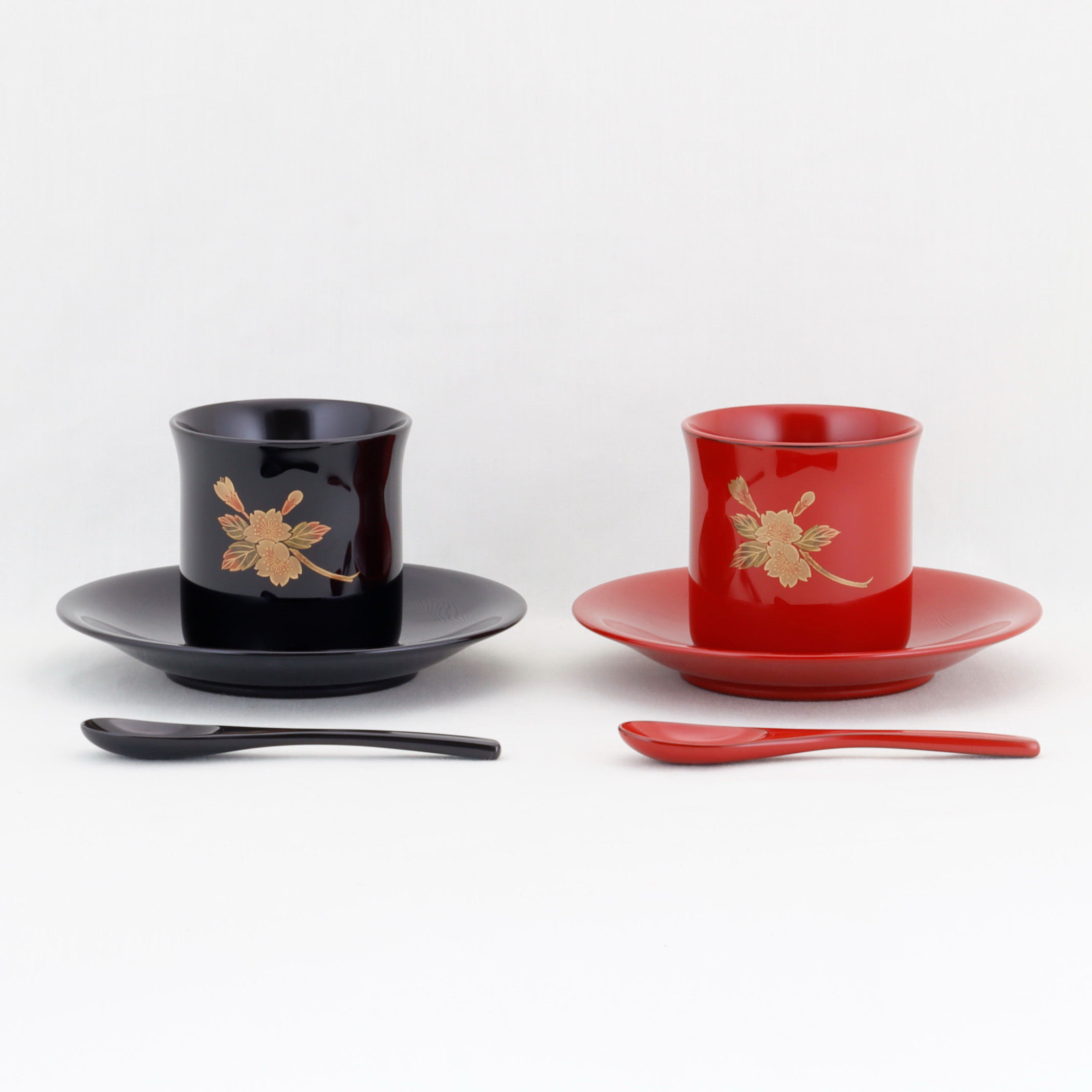 伝統工芸　輪島塗　ペア珈琲カップ　桜蒔絵　スプーン付【1100】