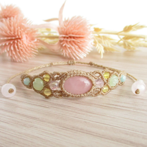 ♡ロードナイトローズクォーツピンクトパーズなどマクラメネックレス