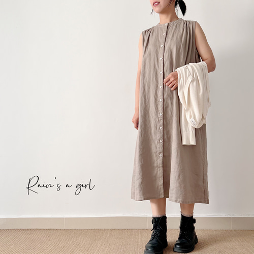 美品✨ルネ リネン100% ノースリーブ ワンピース Rene ベージュ スクエアネックリネン混ノースリーブワンピース | レディース