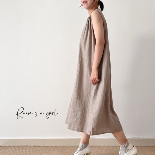 リネン100%☆ノースリーブワンピース】水色・ベージュ│アースカラー