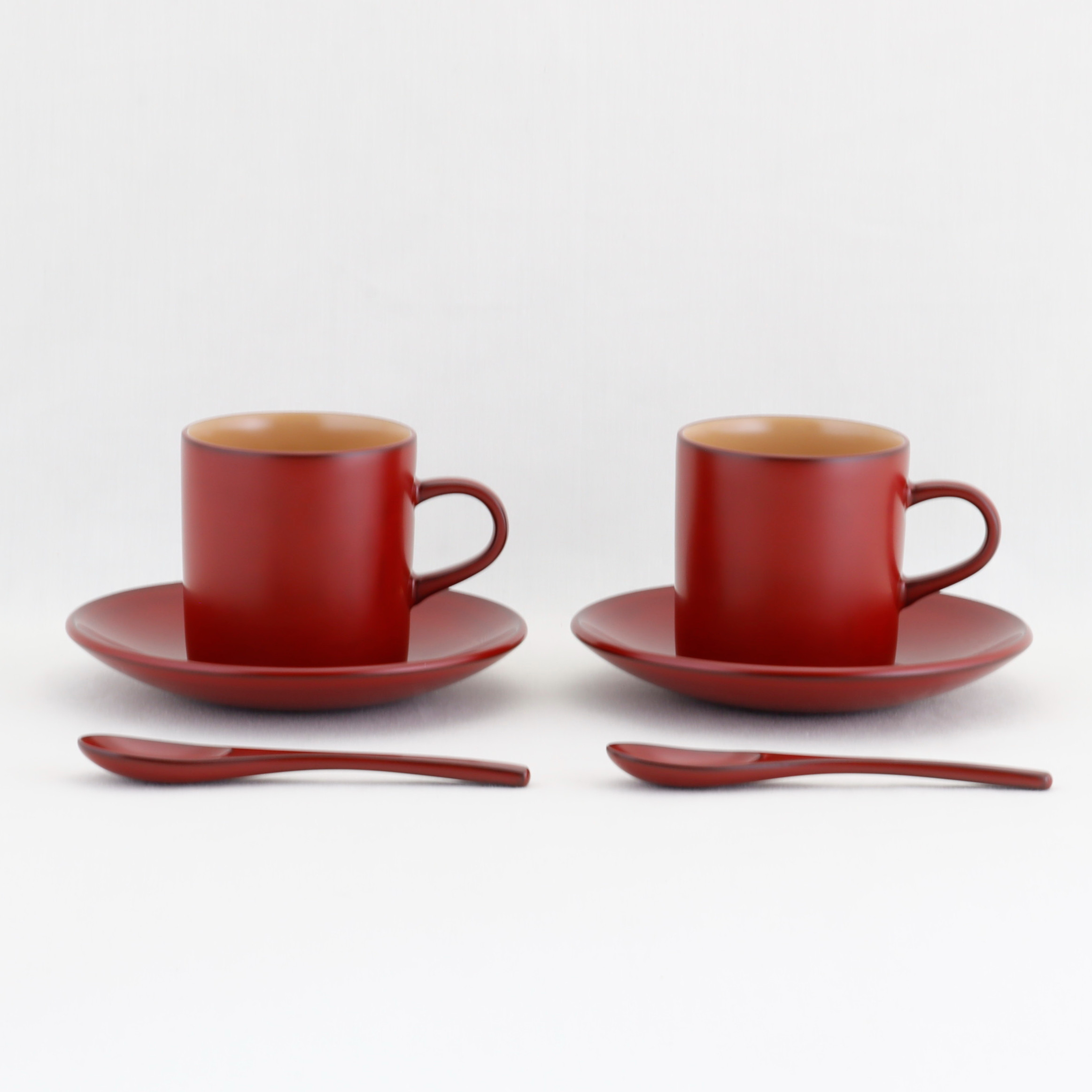 伝統工芸　輪島塗　ペア珈琲カップ　本朱塗　スプーン付【1104】