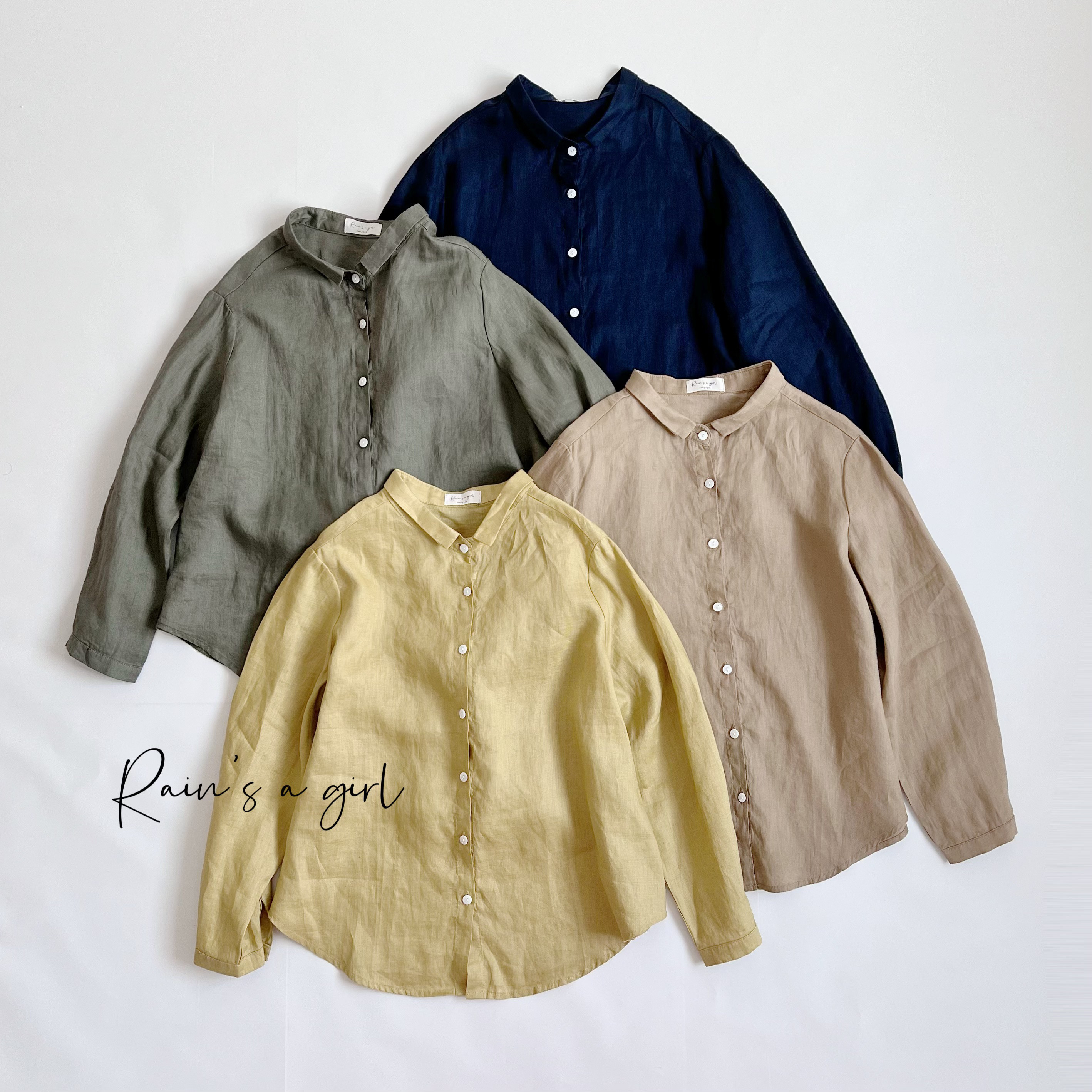 【小さめ襟シャツ★リネン100％】裾曲線ライン│くすみ色│4カラー展開│通勤トップ│貝殻ボタン T-133CR