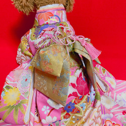 犬の着物✨犬用本格大振袖 お引き摺り M ピンク 金彩入り正絹 犬服 3枚目の画像