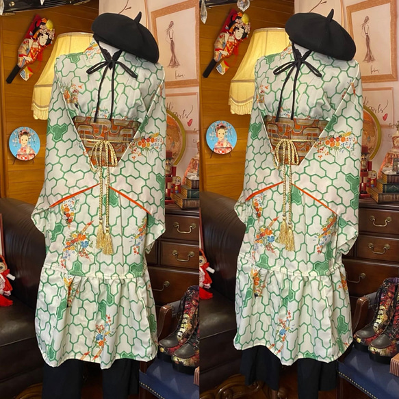 着物 洗える 化繊  2way ガウン 羽織り ドレス ワンピース ハンドメイド リメイク 帯ベルトKD-28 3枚目の画像