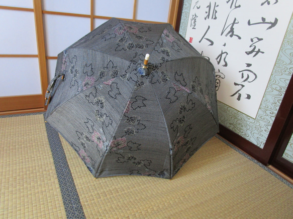 蔦模様・手織り紬日傘（傘袋付き） 3枚目の画像