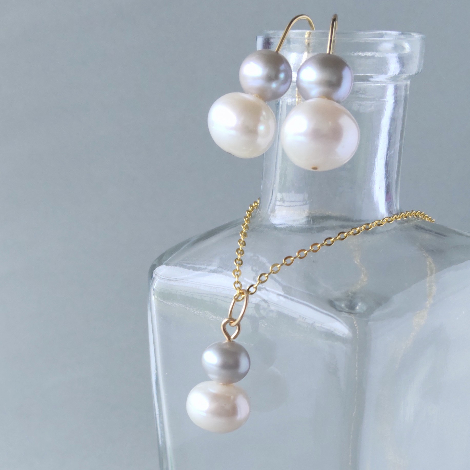 『セット割』k14gf淡水ツインパール　グレー　ピアス　イヤリング　ペンダント