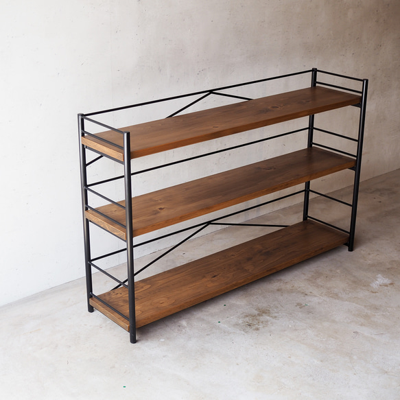 【アイアン ブックシェルフ】ヒノキのアイアン本棚・しっかり強度安定の120㎝幅 