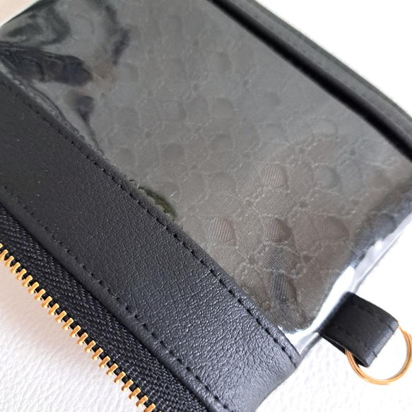 Mサイズ　透明窓付き　パスケース　ICカードケース　スマートキーポーチ　リール付き　コットンレース　ブラック 4枚目の画像
