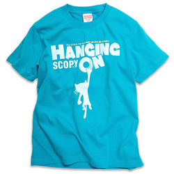 SCOPYネコTシャツ「HANGING ON」ターコイズブルー 1枚目の画像
