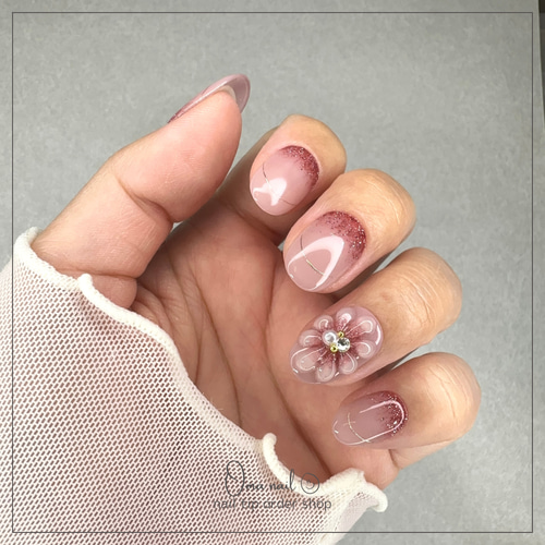 ネイルチップオーダー】Flash flower〜ガーリーネイル 韓国ネイル 振袖  