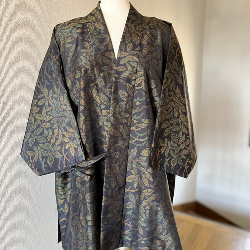 本場大島紬 作務衣 着物リメイク 葉柄 素敵な貴方のお洒落上衣 現品