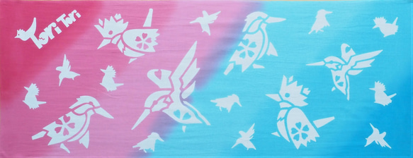 ToriTori大阪堺製注染手ぬぐい　カミセミと仲間たち　ピンク　サイズ約90×35ｃｍ　綿100％　大阪堺製 2枚目の画像