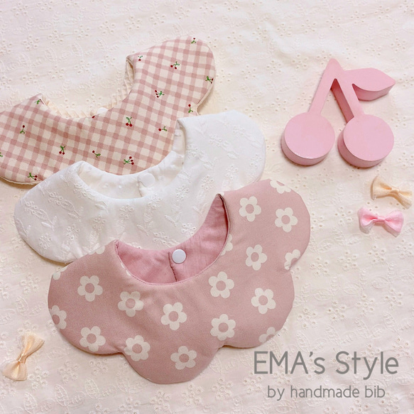 ★あずきミルクドット×モカギンガムチェック★ ハンドメイド　リバーシブル　スタイ 送料無料】3点セット♡スタイの型が選べる リバーシブルスタイ(女の子