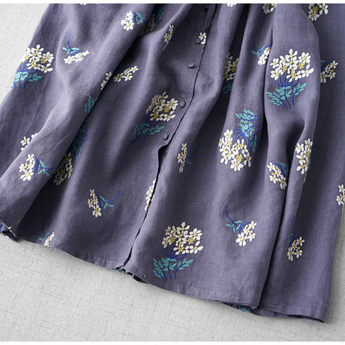 リネン100％紫陽花総刺繡クルミ釦、ポケット付き大人可愛い七分