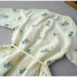 リネン00％紫陽花総刺繡クルミ釦、ポケット付き大人可愛い七分袖ワンピース♪ 9枚目の画像