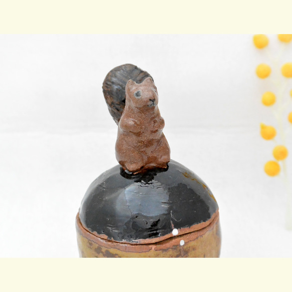 リスカップ　スプーン付き　シュガーポット　置物・小物入れ　栗鼠とどんぐり　こげ茶色　手作り陶器・陶芸 8枚目の画像
