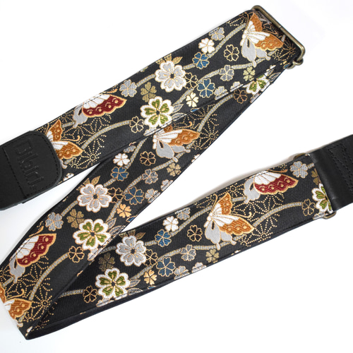 京都金襴＊蝶と霞 帆布ギターストラップ／黒 楽器・アクセサリ