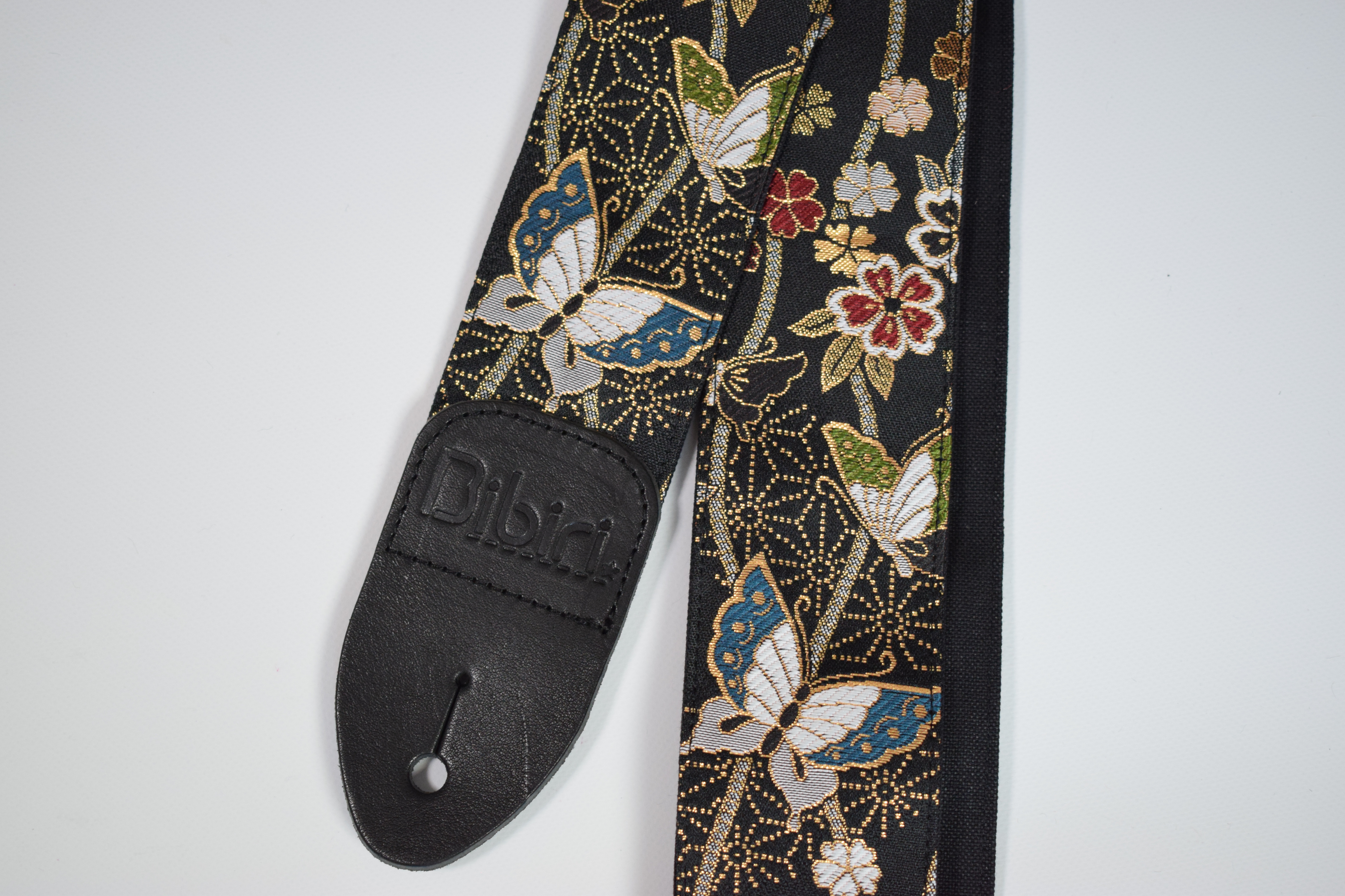 蝶と霞　帆布ギターストラップ（黒）京都金襴