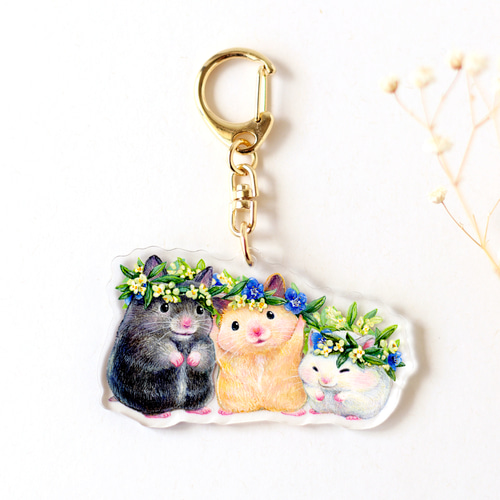 両面アクリルキーホルダー《オリーブの花冠 × 3匹の子どもたち