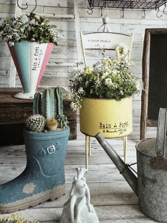 《可愛いアンティーク ブリキ鉢 》ルスリールチェア 観葉植物 多肉植物 お花寄せ植え ブリキ缶 椅子 プランター 574 2枚目の画像
