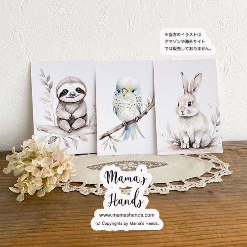 ナマケモノ 小鳥 うさぎ 水彩画 イラスト アート 3枚 動物 アニマル
