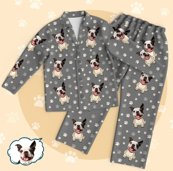 [受注制作] うちの子 ペット愛犬/愛猫の写真からつくるパジャマ オリジナルパジャマ 部屋着 前開き 寝巻 ナイトウェア 1枚目の画像