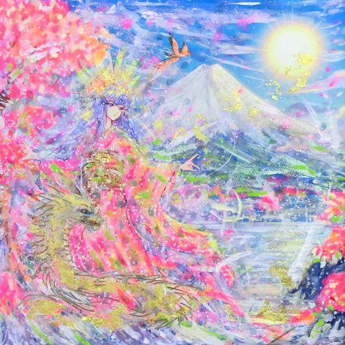開運絵画　龍神様　富士山　花の舞　雪富士　天使の羽根　金箔 日本の女神」(B) 純金箔付 A3 パワーアート 富士山 龍 ドラゴン 絵画