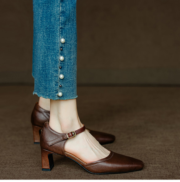 夏 サンダル パンプス アンクルストラップ 疲れない スクエアトゥ メリージェーン 甲ストラップ 仕事 おでかけ 本革 5枚目の画像