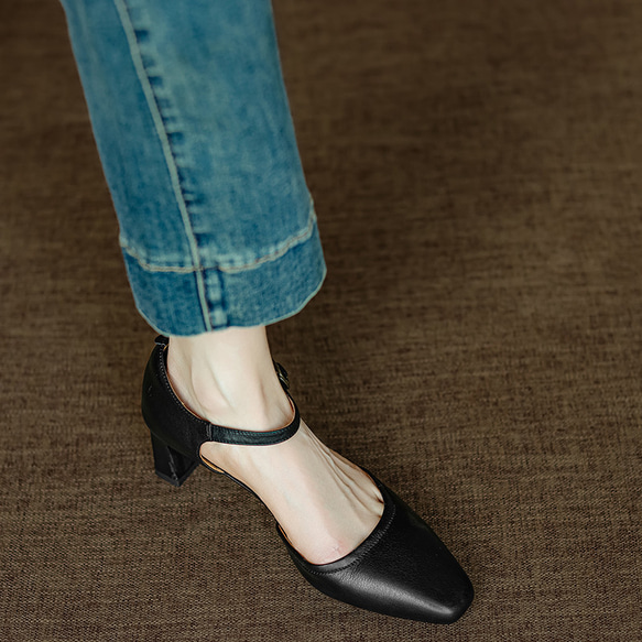 夏 サンダル パンプス アンクルストラップ 疲れない スクエアトゥ メリージェーン 甲ストラップ 仕事 おでかけ 本革 2枚目の画像