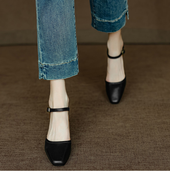 夏 サンダル パンプス アンクルストラップ 疲れない スクエアトゥ メリージェーン 甲ストラップ 仕事 おでかけ 本革 7枚目の画像