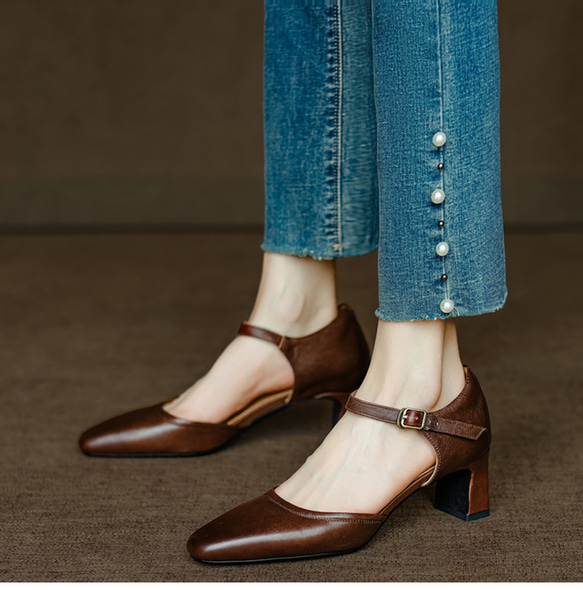 夏 サンダル パンプス アンクルストラップ 疲れない スクエアトゥ メリージェーン 甲ストラップ 仕事 おでかけ 本革 1枚目の画像