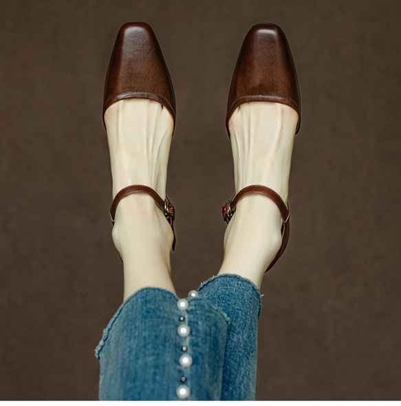 夏 サンダル パンプス アンクルストラップ 疲れない スクエアトゥ メリージェーン 甲ストラップ 仕事 おでかけ 本革 4枚目の画像