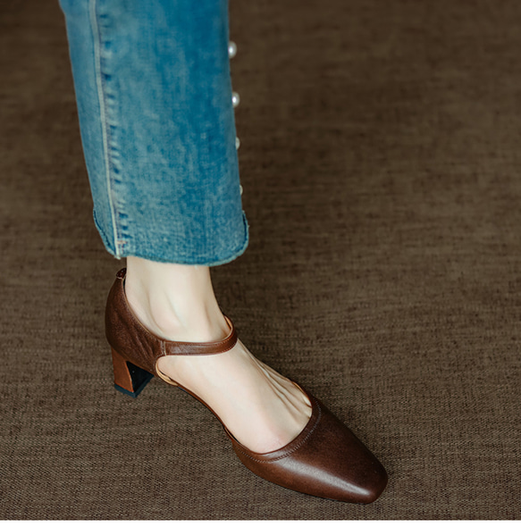 夏 サンダル パンプス アンクルストラップ 疲れない スクエアトゥ メリージェーン 甲ストラップ 仕事 おでかけ 本革 3枚目の画像