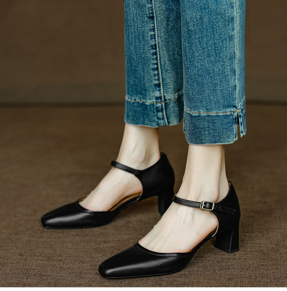 夏 サンダル パンプス アンクルストラップ 疲れない スクエアトゥ メリージェーン 甲ストラップ 仕事 おでかけ 本革 8枚目の画像