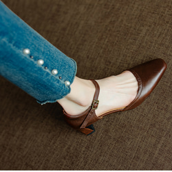 夏 サンダル パンプス アンクルストラップ 疲れない スクエアトゥ メリージェーン 甲ストラップ 仕事 おでかけ 本革 6枚目の画像