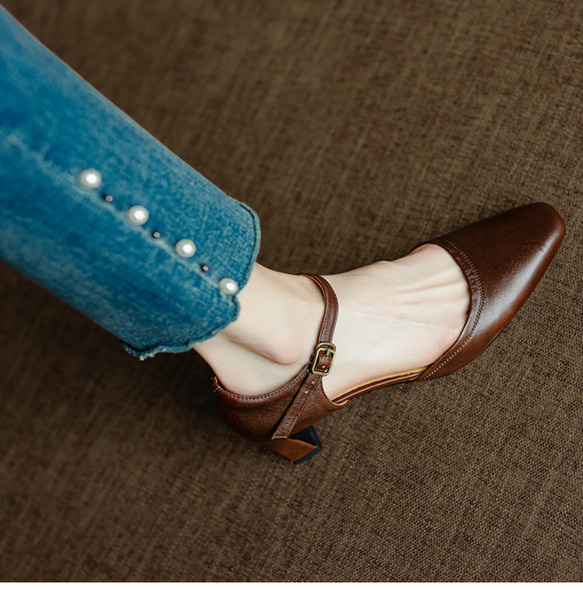 夏 サンダル パンプス アンクルストラップ 疲れない スクエアトゥ メリージェーン 甲ストラップ 仕事 おでかけ 本革 6枚目の画像