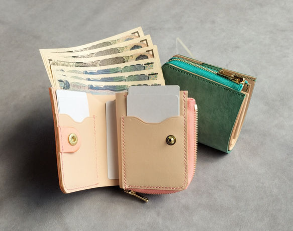 イタリアンレザー　マヤベリー　二つ折り　財布　コンパクト　グリーン　ピンク　桜色　ハンドメイド 9枚目の画像