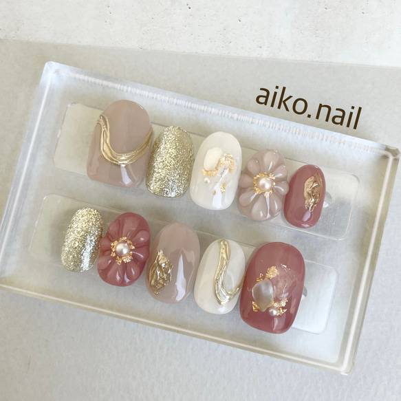 ニュアンスネイルチップNo.0133 フラワー ぷっくり 成人式 前撮り 振袖  