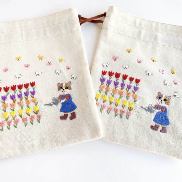 刺繍　四角い巾着＊チューリップねこちゃん〈無料ラッピング〉 16枚目の画像