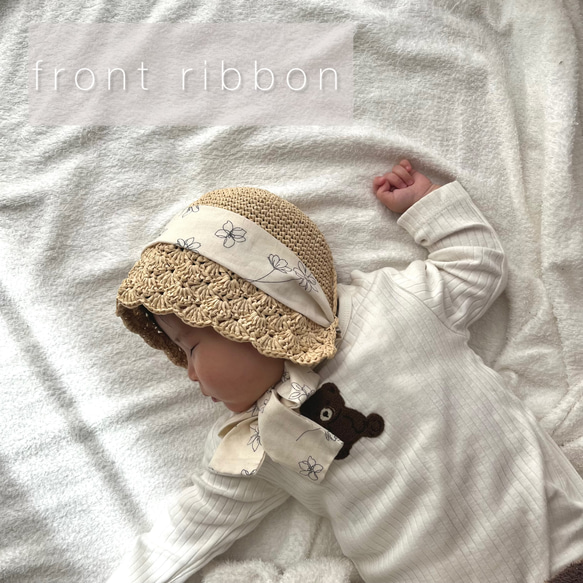 【2wayタイプの洗える麦わらボンネット】麦わら帽子　赤ちゃん 3枚目の画像