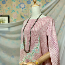 着物リメイク　総絞り　ピンク＆ペールブルー　ケープスリーブドレス　ハンドメイド 3枚目の画像