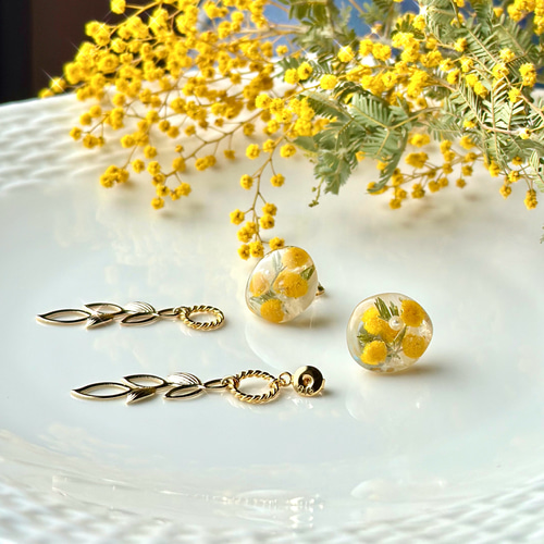 春の誕生花2025【ミモザ✖️スウィングリーフ】2way ピアス