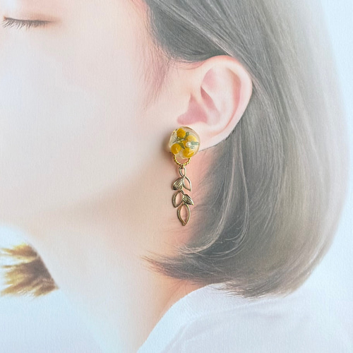 春の誕生花2025【ミモザ✖️スウィングリーフ】2way ピアス