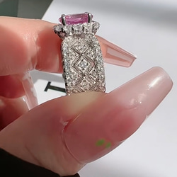 人工ピンクトルマリン レース リボン 高炭素ダイヤモンド キラキラ ゴージャス 指輪 ワイドリング ヘイローリング 9枚目の画像
