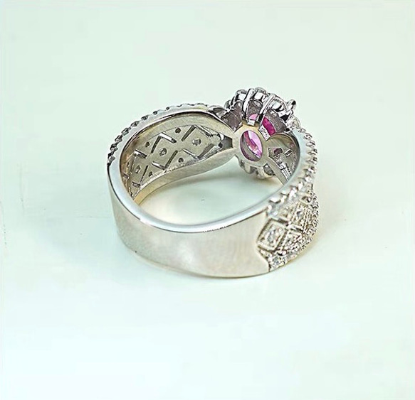 人工ピンクトルマリン レース リボン 高炭素ダイヤモンド キラキラ ゴージャス 指輪 ワイドリング ヘイローリング 8枚目の画像