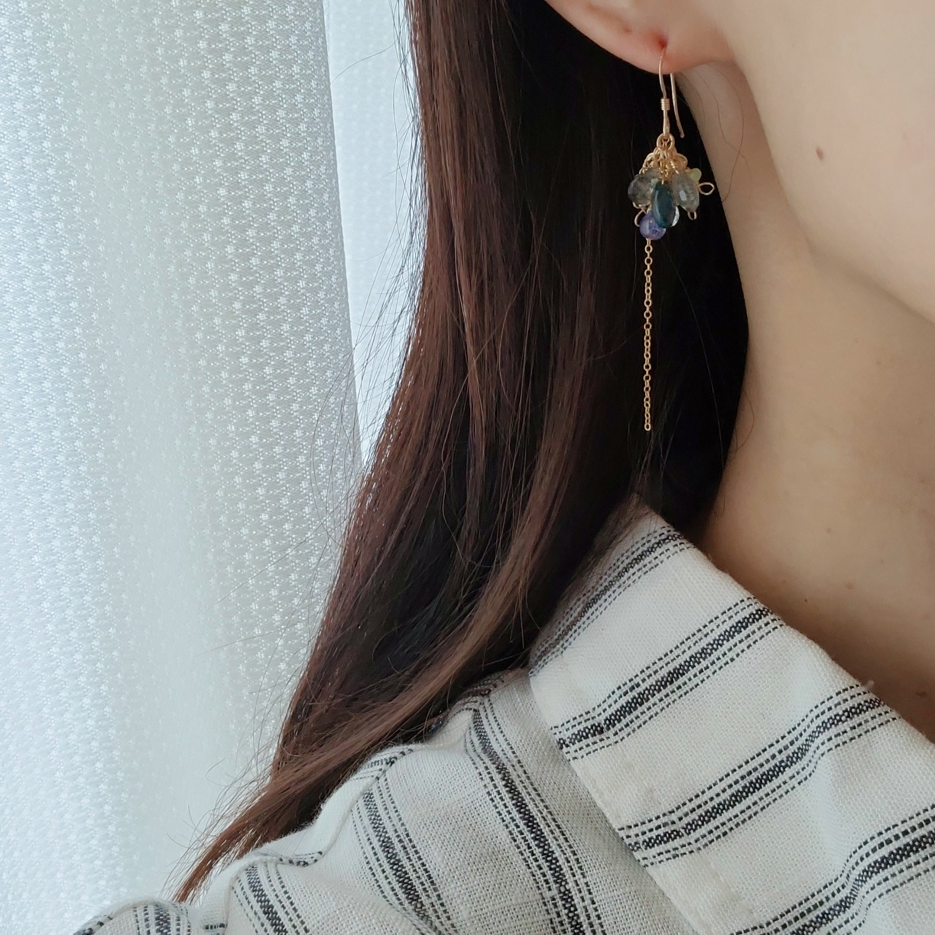 【14kgf】深みのあるブルーグラデーションが神秘的＊モスアクアマリン×ロンドンブルートパーズ ピアス/イヤリング変更可