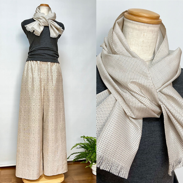 白大島＊幾何学柄ワイドパンツ＋ストール＊裏地付き＊着物リメイク  